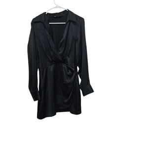 Zara Black Satin Wrap Blouse Medium Long Sleeve Tunic